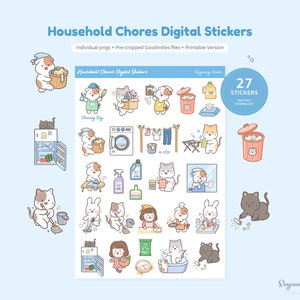 Cute Household Chores Digital Planner Stickers | Cleaning Day GoodNotes Stickers | Housework Planner Sticker Sheet | Adorable Character Pngs
