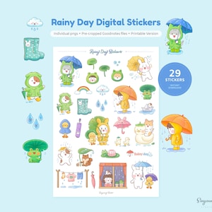 Cute Rainy Day Digital Stickers | Hand Drawn Umbrella GoodNotes Stickers | Weather Sticker Sheet | Frog Character | Raining Sticker Set