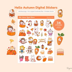 Può includere: Un set di 34 adesivi digitali con simpatici animali dei cartoni animati e illustrazioni a tema autunnale. Gli adesivi includono una varietà di personaggi, come conigli, gatti e uno spaventapasseri, oltre a foglie autunnali, zucche e una lanterna. Il testo "Hello Autumn" è incluso nel set di adesivi.