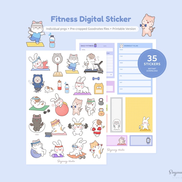 Cute Fitness Stickers for Digital Planner | Gym GoodNotes Stickers | Workout, Exercise Stickers | Hand Drawn Stickers | Functional Stickers