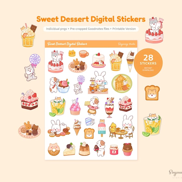 Cute Sweet Dessert Stickers for Digital Planner |  Cookies & Drink GoodNotes Sticker | Cake, Bread Sticker Sheet | Hand Drawn Cat Character