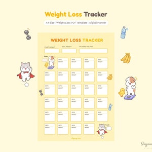 Leuke trackerpagina voor gewichtsverlies | Digitale planner voor gewichtsverlies | Motivatie, doelgewicht, startgewicht | Gewichtsverliesgrafiek | A4-formaat pdf