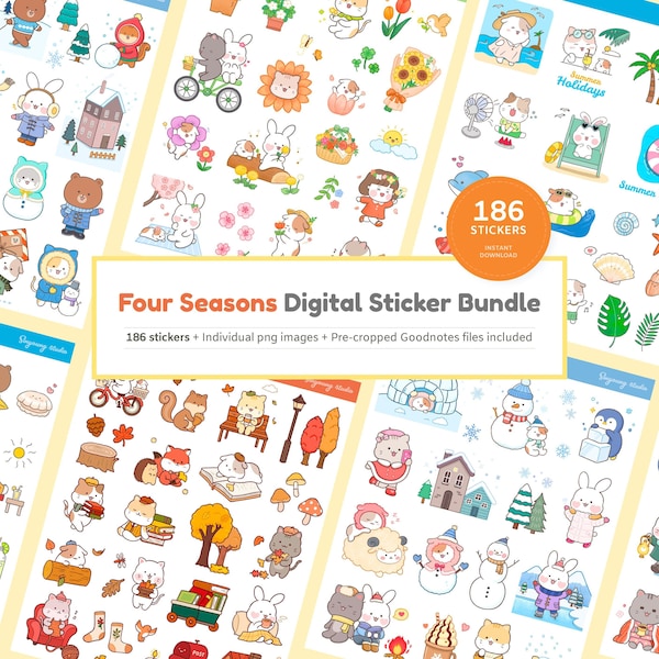 4 Seasons Digital Sticker Bundle | Cute Seasonal GoodNotes Sticker Sheet | Spring, Summer, Fall, Winter Stickers | Four Seasons Png Stickers