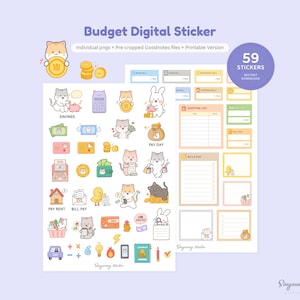 May include: A set of 59 digital stickers featuring cute cartoon cats and other illustrations related to budgeting. The stickers are in a variety of colors, including yellow, orange, pink, and blue. The stickers are perfect for use in digital planners, notes, and other digital documents.