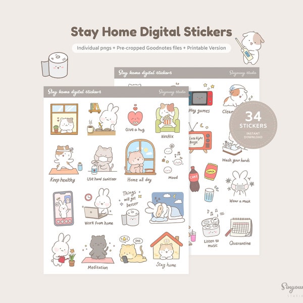 Cute Stay Home GoodNotes Stickers | Hand Drawn Quarantine Planner Sticker Sheet |  Social Distancing | Stay Safe | Kawaii Animal Characters