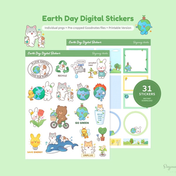 Cute Earth Day Stickers for Digital Planner | Eco Friendly GoodNotes Stickers | Green Life Sticker Set | Recycle Sticker | Save the Planet