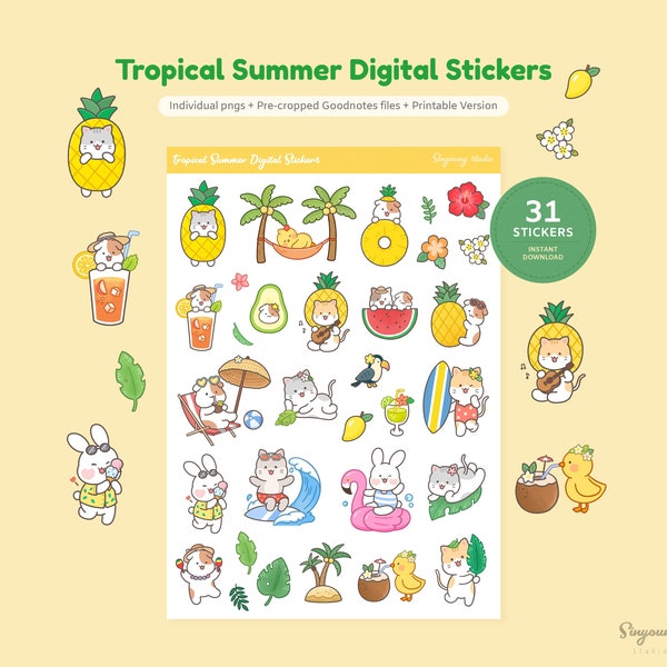 Cute Tropical Summer Digital Planner Stickers | Tropical Vibes GoodNotes Sticker Set | Tropical leaf, Fruit, Pineapple | Tropical Elements