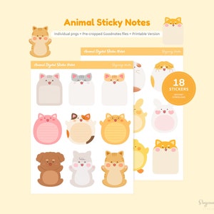 Cute Animal Face Sticky Notes for Digital Planner | Cat, Bunny, Guinea pigs Character Sticky Notes | Hand-Drawn Memo Pad for Journal