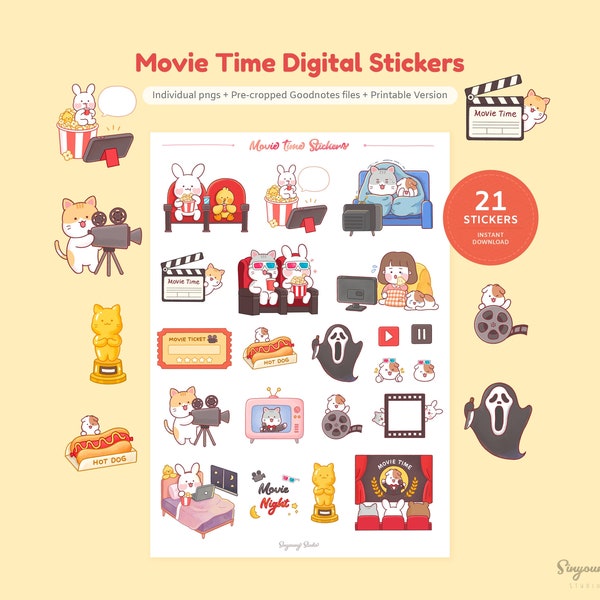 Leuke filmtijd digitale stickers voor filmliefhebber | Filmnacht GoodNotes-stickers | Film thuis stickervel | Filmdatum, bioscoop, film