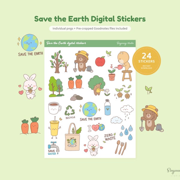 Hand Drawn Save The Earth Digital Planner Stickers | Cute Ecology Badges GoodNotes Stickers | Earth Lover Animal | Earth Day | Zero Waste