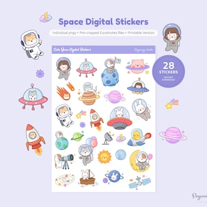 Könnte beinhalten: Ein Set mit 28 digitalen Stickern mit niedlichen Comic-Tieren im Weltraum. Die Sticker beinhalten Astronauten, Planeten, Sterne, Raketen und UFOs. Die Sticker sind perfekt, um deinen digitalen Planer, Notizen oder Social-Media-Beiträgen einen Hauch von Verspieltheit zu verleihen.