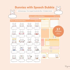 Pode incluir: Um conjunto de 37 adesivos imprimíveis com adoráveis coelhos de desenho animado com balões de fala. Os adesivos são projetados para uso em planejadores, diários e outros artigos de papel. Os adesivos estão disponíveis para download instantâneo.