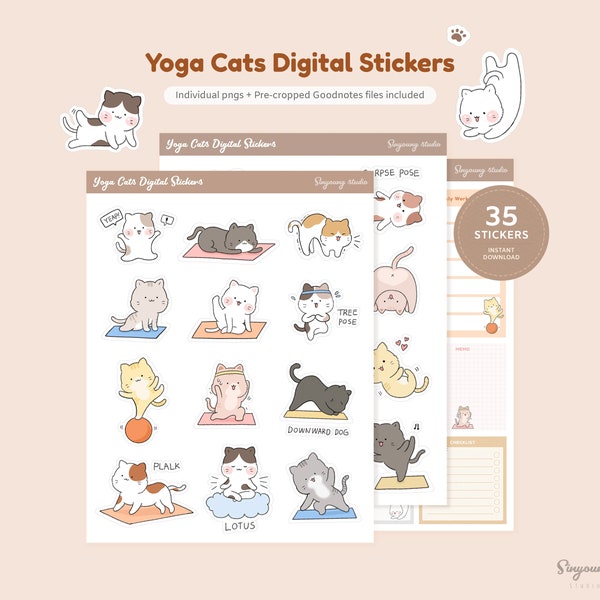 Cute Yoga Cats GoodNotes Stickers | Hand drawn Cat Doing Yoga Digital Planner Stickers | Adorable Kitty Yoga Sticky Notes | Animal Character