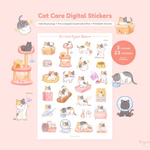 Niedliche Katzen Pflege Aufkleber für Digitalen Planer | Katzenleben GoodNotes Aufkleber | Entzückende Katzenfigur | Katzen Thema Aufkleber Blätter | Haustier Sticker