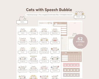 Cute Cats with Speech Bubble Stickers for Digital Planner | Adorable Animal Character Sticky Notes & Washi Tapes |  GoodNotes stickers