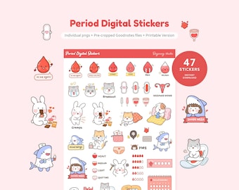 May include: Digital stickers featuring illustrations related to periods. The stickers include images of blood drops, cats, bunnies, sharks, and other graphics. Text includes "Period Digital Stickers", "Cramps", "PMS", and "Shark Week".