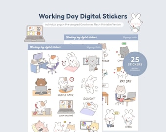 Cute Working Day Digital Planner Stickers, Office Work GoodNotes Sticker, Laptop stickers,  Work From Home, Working Cat, Pre-cropped Files