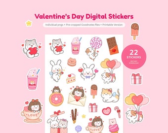 Cute Valentine's Day Digital Planner Stickers | February GoodNotes Stickers | Happy Valentine's Day, Love, Heart | Cat and Bunny Characters