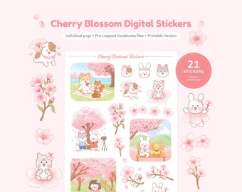 Cute Cherry Blossom Stickers for Digital Planner | Spring Flower GoodNotes Stickers | Pink Floral Sticker Sheet | Hand Drawn April Stickers