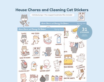House Chores and Cleaning Cute Cat Digital Planner Stickers, Hand Drawn Household GoodNotes Sticker, Pre-cropped Animal Stickers for journal