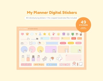 Cute My Planner Digital Stickers for GoodNotes | Hand Drawn Character Stickers | 49 Individual pngs | Bunny, Guinea pigs, Cat Sticky Notes