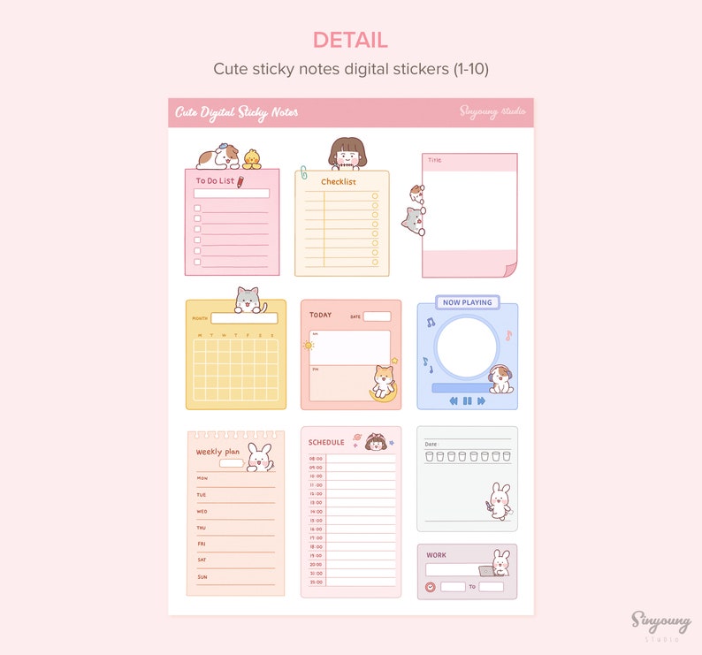 May include: Set of ten digital stickers featuring cute cartoon animals and various organizational elements, including to-do lists, checklists, calendars, and schedules. The stickers are in pastel colors and feature a whimsical design.