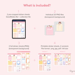 May include: A digital planner sticker sheet set with a cute cartoon character. The set includes 2 pre-cropped sticker sheets for GoodNotes, 2 full sticker sheets, 20 individual PNG files, and 2 printable sticker sheets in two versions. The sticker sheets feature a variety of colorful designs, including to-do lists, calendars, and other organizational tools.