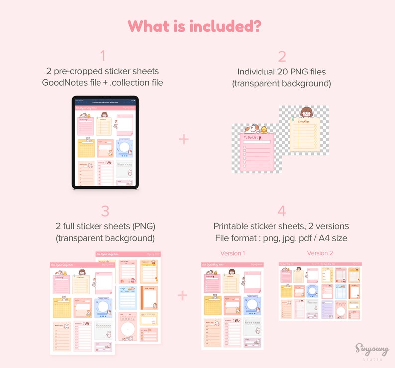 May include: A digital planner sticker sheet set with a cute cartoon character. The set includes 2 pre-cropped sticker sheets for GoodNotes, 2 full sticker sheets, 20 individual PNG files, and 2 printable sticker sheets in two versions. The sticker sheets feature a variety of colorful designs, including to-do lists, calendars, and other organizational tools.