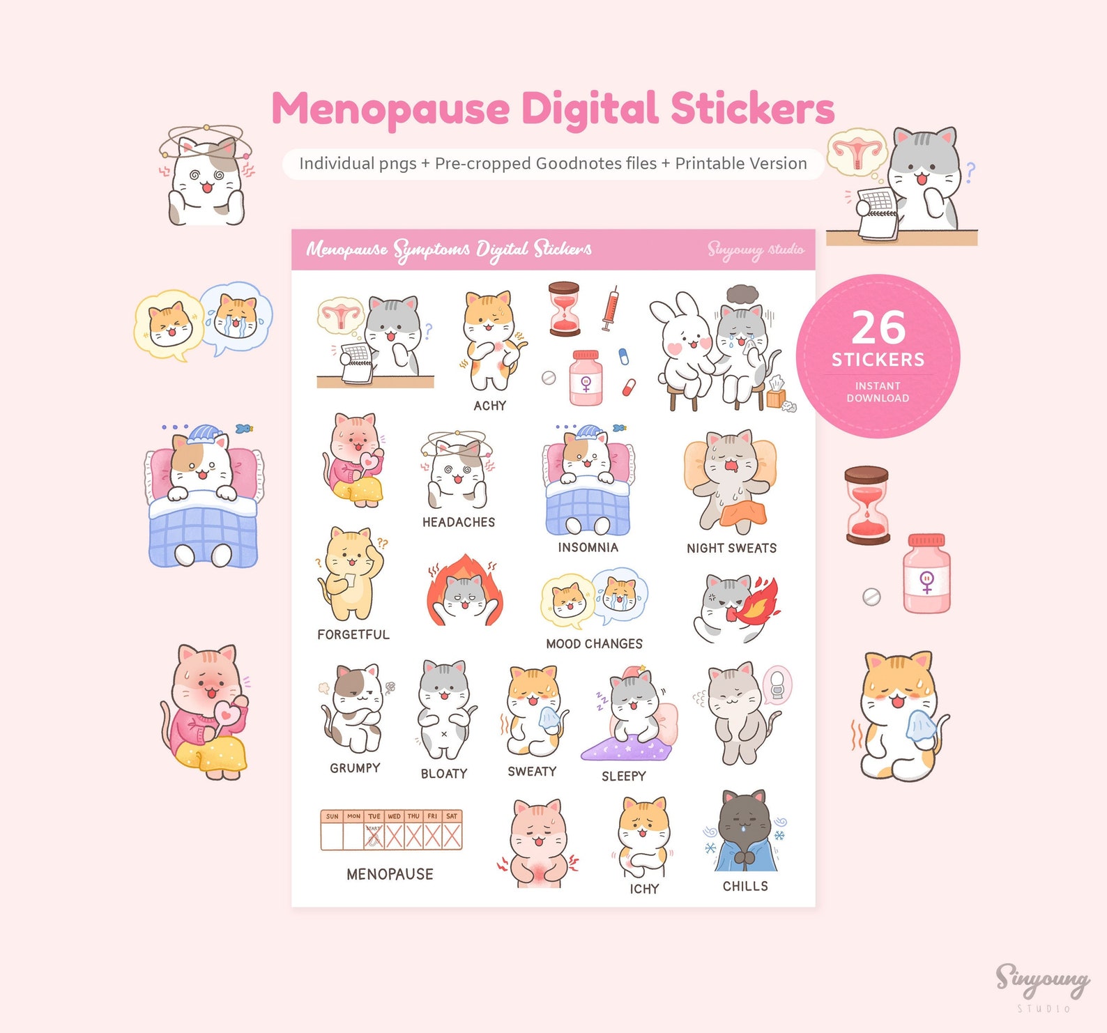 Cute Menopause Symptoms Digital Stickers | Forgetful, Grumpy, Sweaty ...