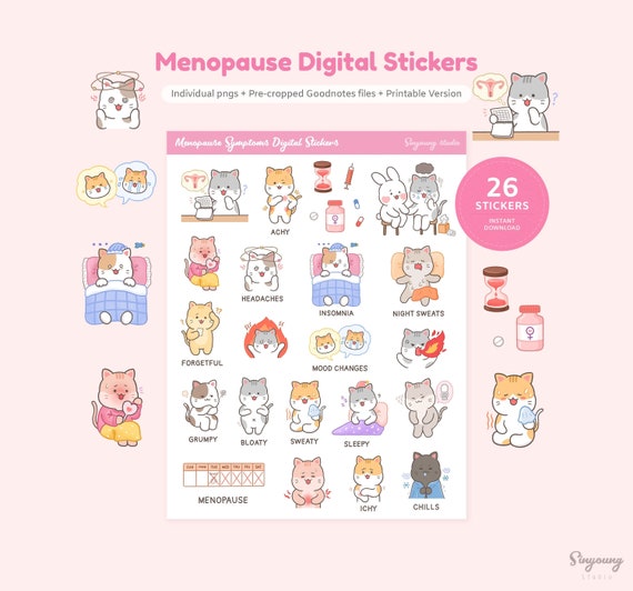 Cute Menopause Symptoms Digital Stickers | Forgetful, Grumpy, Sweaty, Itchy, Achy Cat Character GoodNotes Stickers | Physical Change Sticker