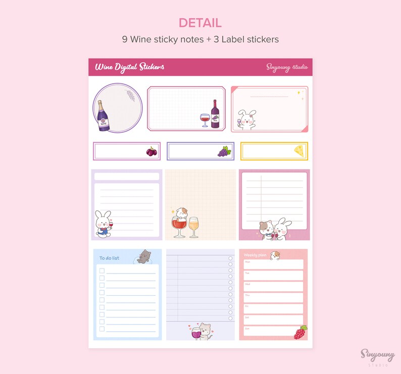 Wine Sticky Notes Cute Wine Digital Planner Stickers for Wine Lover, Drinking Wine ...