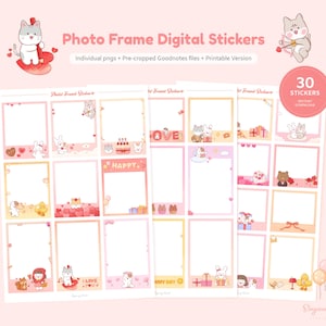 May include: A set of 30 digital photo frame stickers featuring cute cartoon animals and hearts. The stickers are designed in a pink and yellow color scheme and include phrases like "Happy", "Love", and "Happy Day".