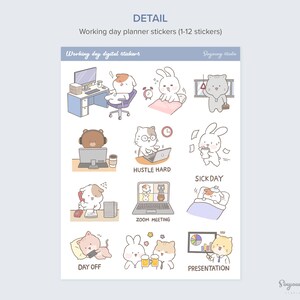 K&ouml;nnte beinhalten: Ein Set mit 12 digitalen Planer-Stickern mit niedlichen Tierillustrationen. Die Sticker zeigen verschiedene arbeitsbezogene Aktivit&auml;ten, darunter Arbeiten am Computer, Teilnahme an einem Zoom-Meeting, Krankmeldung und Feier eines freien Tages. Die Sticker sind perfekt, um Ihrem digitalen Planer eine Prise Spa&szlig; und Pers&ouml;nlichkeit zu verleihen.