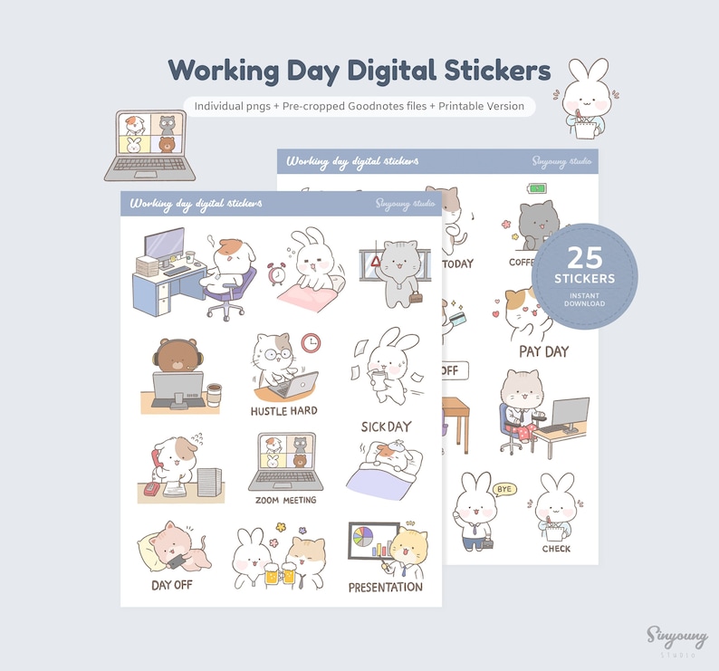 K&ouml;nnte beinhalten: Ein Set mit 25 digitalen Stickern mit niedlichen Comic-Tieren in verschiedenen arbeitsbezogenen Szenarien. Die Sticker enthalten S&auml;tze wie "Hustle Hard", "Sick Day", "Zoom Meeting" und "Pay Day".