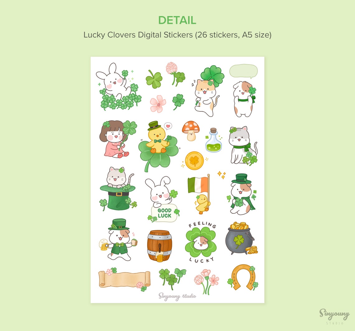 Lucky Clovers Digital Stickers for Goodnotes Cute St. Etsy