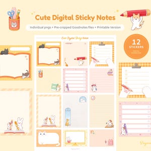 Peut inclure: Une collection de notes adhésives numériques illustrées de chats, comprenant divers blocs-notes, listes de contrôle et designs de papeterie dans des tons orange, jaune et rose doux. L'ensemble inclut 12 autocollants avec le texte Cute Digital Sticky Notes, Individual pngs + Pre-cropped Goodnotes files + Printable Version, et 12 STICKERS DIGITAL DOWNLOAD.