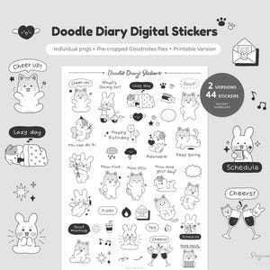 Könnte beinhalten: Ein Set mit 44 schwarzen und weißen digitalen Aufklebern mit niedlichen Tierillustrationen. Die Aufkleber enthalten Sätze wie "Cheer up!" und "Lazy day".
