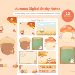 Könnte beinhalten: Ein Satz von 10 digitalen Haftnotizen mit Herbstmotiven. Die Notizen enthalten Bilder von Eicheln, Pilzen, Eichhörnchen und anderen Waldtieren. Die Notizen sind für die Verwendung in Goodnotes und anderen Notiz-Apps zugeschnitten. "Autumn Sticky Notes" steht oben im Bild.