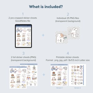 K&ouml;nnte beinhalten: Ein digitaler Planer-Aufkleberbogen mit Illustrationen eines Cartoon-Hasen und -B&auml;ren, die von zu Hause aus arbeiten. Der Bogen enth&auml;lt Aufkleber f&uuml;r "Freier Tag", "Heimarbeit", "Pr&auml;sentation", "Meeting", "Wochenende", "Krankheitsurlaub" und mehr. Die Aufkleber sind f&uuml;r die Verwendung in der GoodNotes-App konzipiert. Der Bogen ist auch als druckbare Aufkleber in den Formaten PNG, JPG und PDF erh&auml;ltlich.