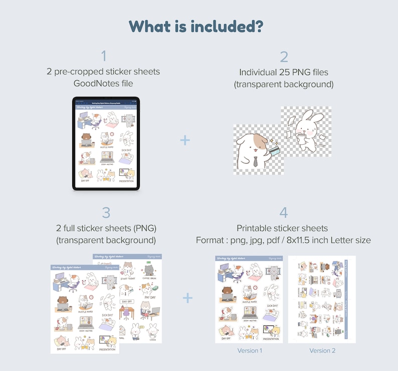 K&ouml;nnte beinhalten: Ein digitaler Planer-Aufkleberbogen mit Illustrationen eines Cartoon-Hasen und -B&auml;ren, die von zu Hause aus arbeiten. Der Bogen enth&auml;lt Aufkleber f&uuml;r "Freier Tag", "Heimarbeit", "Pr&auml;sentation", "Meeting", "Wochenende", "Krankheitsurlaub" und mehr. Die Aufkleber sind f&uuml;r die Verwendung in der GoodNotes-App konzipiert. Der Bogen ist auch als druckbare Aufkleber in den Formaten PNG, JPG und PDF erh&auml;ltlich.