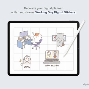 K&ouml;nnte beinhalten: Ein digitaler Planer mit handgezeichneten Stickern mit niedlichen Tierillustrationen. Die Sticker zeigen eine Katze, einen Hund und einen Laptop mit einem Videoanruf-Bildschirm. Der Text "Working Day Digital Stickers" befindet sich oben im Bild.