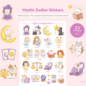 Peut inclure: Un ensemble de 23 autocollants numériques avec des illustrations fantaisistes des signes du zodiaque. Les autocollants incluent des personnages déguisés en symboles astrologiques, cartes de tarot et éléments célestes. Le texte "Mystic Zodiac Stickers" est affiché en haut.