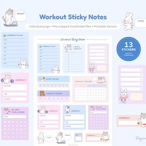 Puede incluir: Notas adhesivas digitales de entrenamiento con plantillas para planes de entrenamiento, seguimiento de agua y desafíos de 30 días. El diseño presenta animales de dibujos animados y colores pastel. Incluye 13 pegatinas digitales.