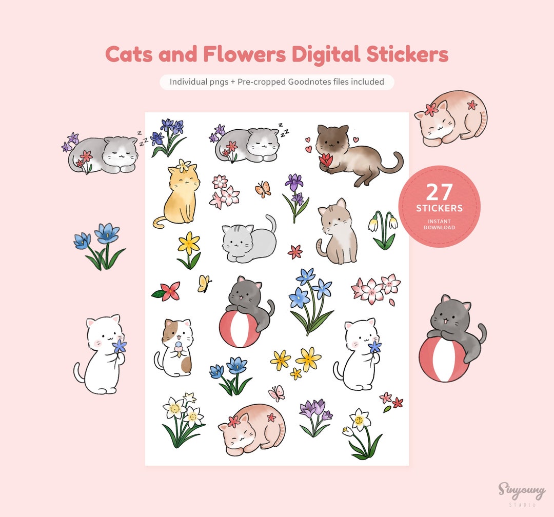Cute Cats and Flowers Stickers for Digital Planner | Pre-cropped ...