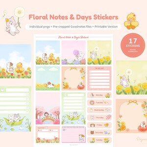 May include: Digital download of "Floral Notes & Days Stickers." The image displays a set of stickers with floral and animal illustrations. The stickers include to-do lists, daily labels, and decorative elements, all in a pastel colour palette.