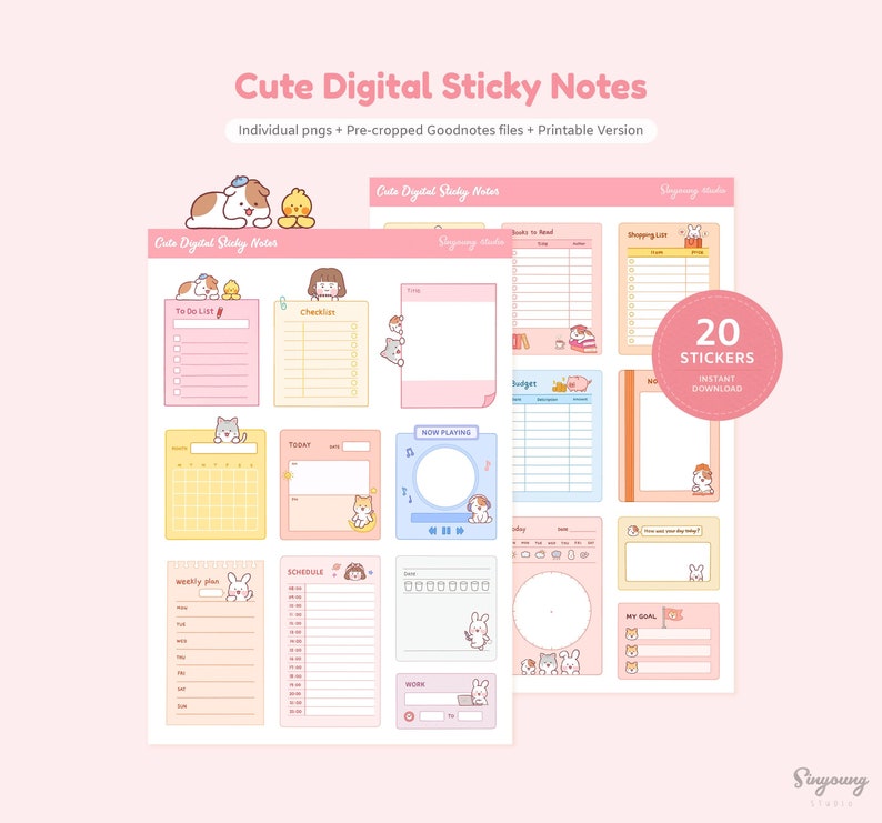 May include: A set of 20 digital sticky notes featuring cute animal illustrations. The notes are pre-cropped for use with Goodnotes and are printable. The notes include a variety of designs, such as to-do lists, checklists, schedules, and more.