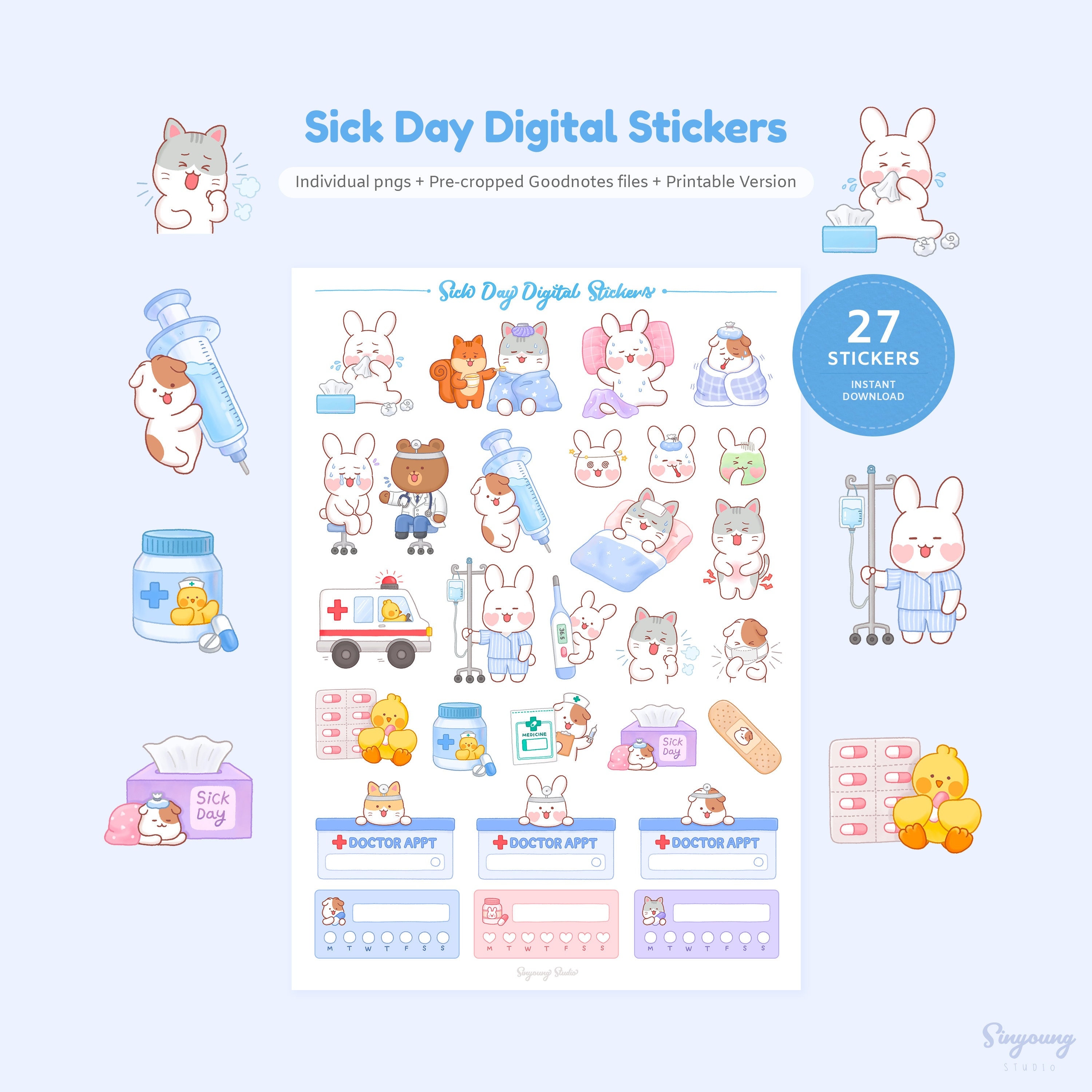 Less Sick Sticker Vector Cute Sick Day Stickers for Digital Planner | Illness Goodnotes Stickers ...