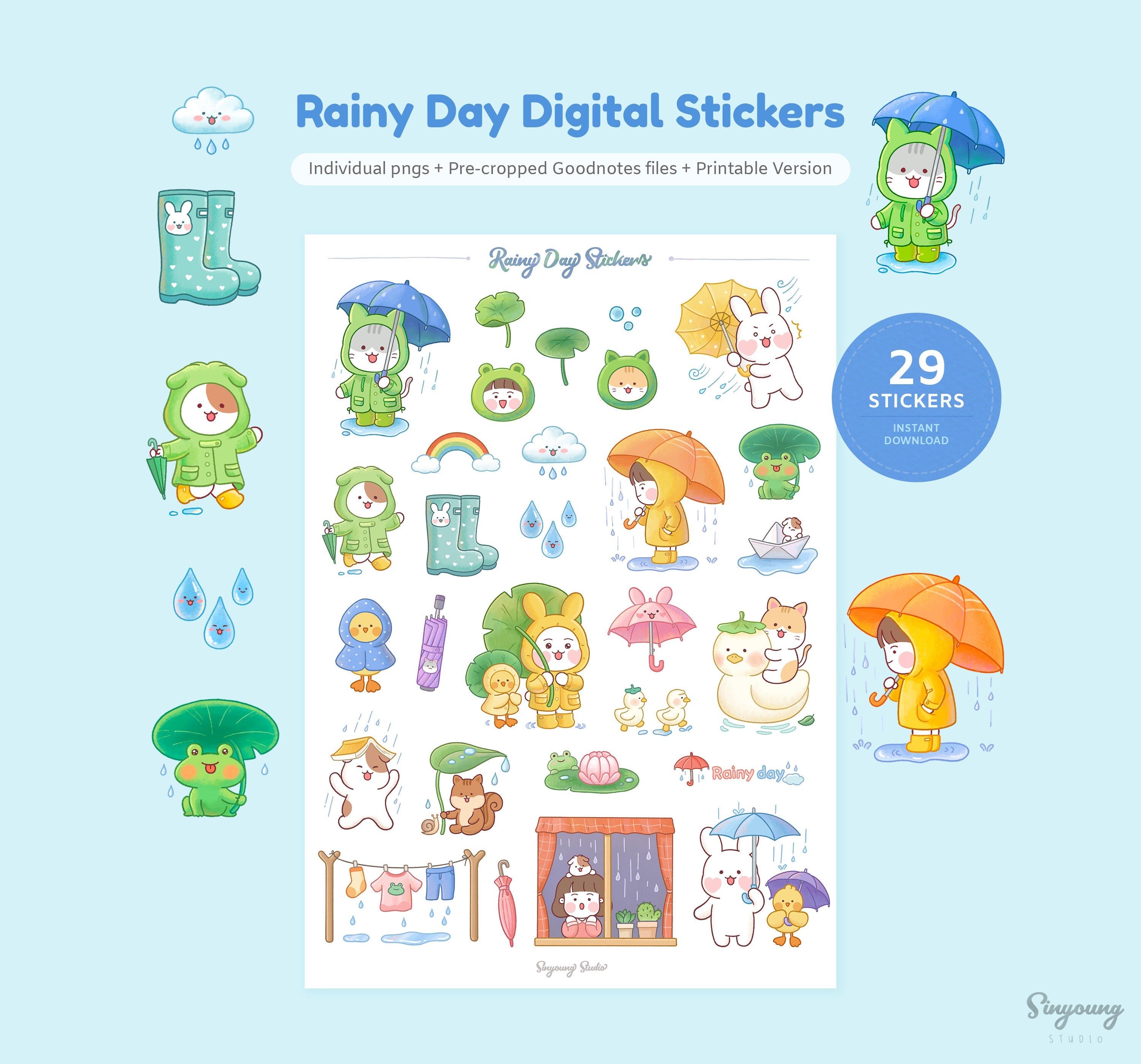 Cute Rainy Day Digital Stickers | Hand Drawn Umbrella GoodNotes Stickers | Weather Sticker Sheet | Frog Character | Raining Sticker Set