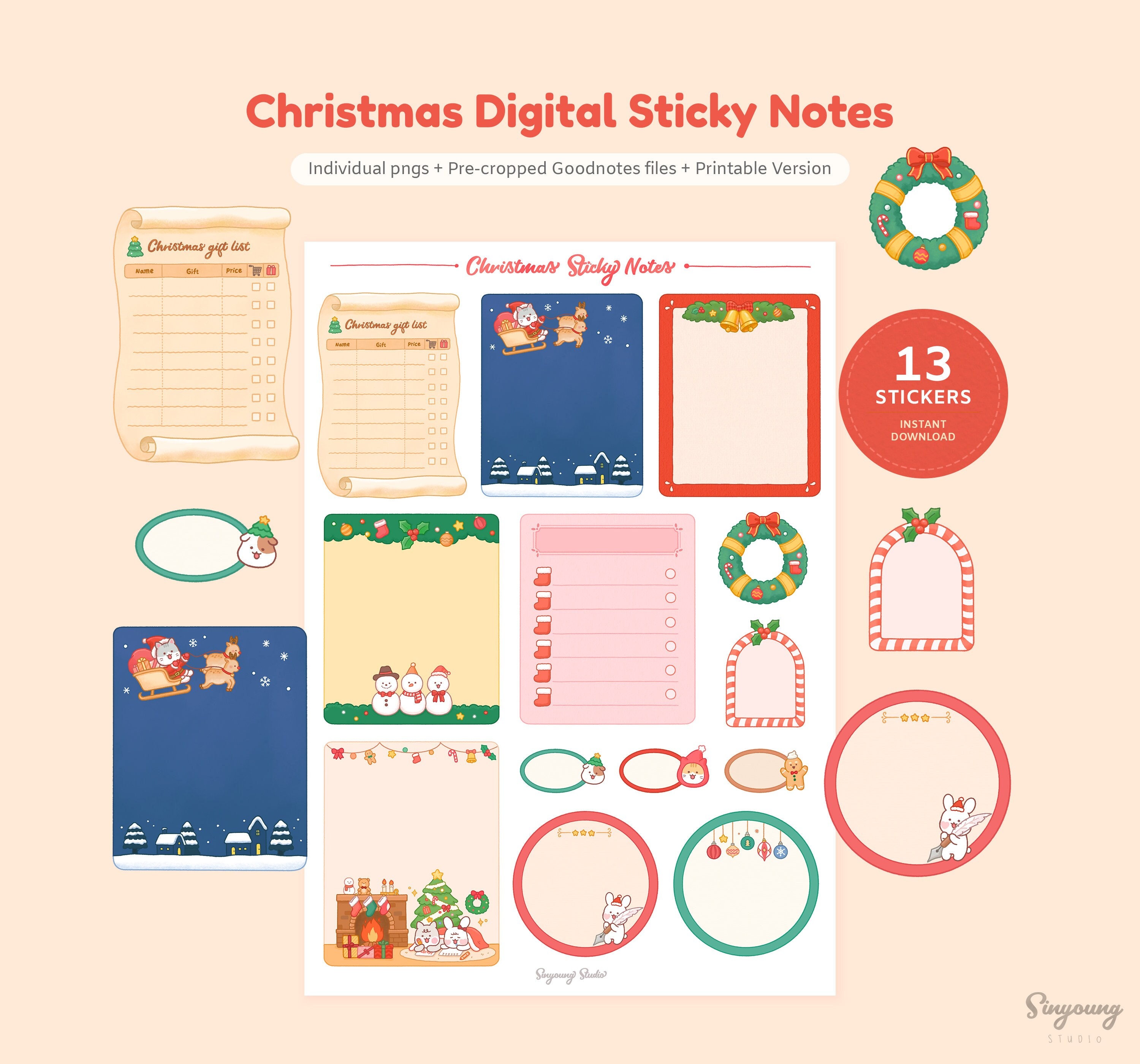 Lindas notas adhesivas digitales de Navidad / Notas digitales de Navidad / Lista de regalos de Navidad Notas adhesivas / Pegatinas con temas navideños / Bloc de notas navideñas
