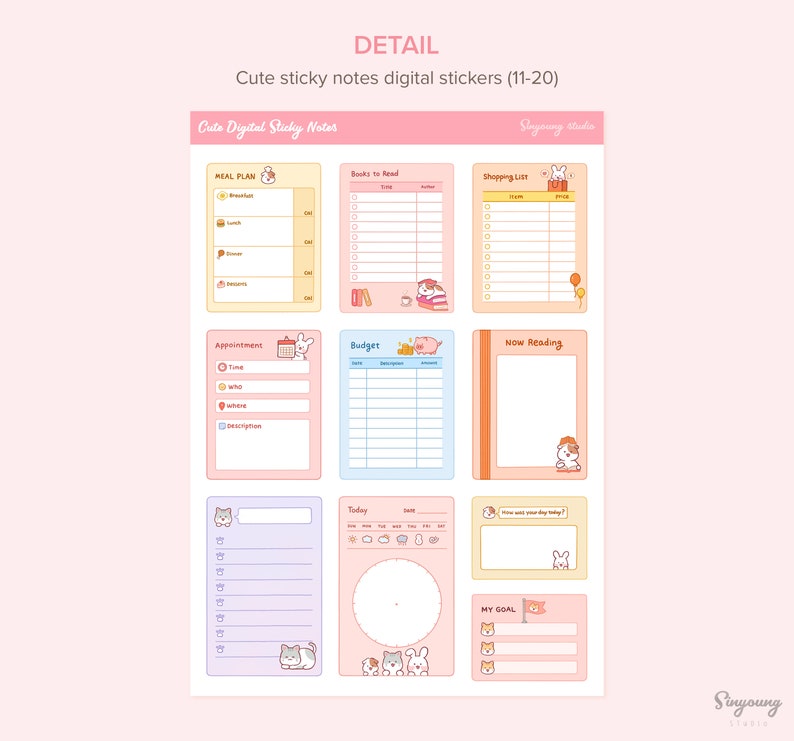 May include: A set of 10 digital stickers featuring cute animal illustrations and various planner and list templates. The stickers include a meal plan, books to read, shopping list, appointment, budget, now reading, today, and my goal templates.